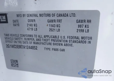 2010 Chevrolet Impala Ltz z USA, uszkodzony, nr VIN 2G1WC5EM7A1244852